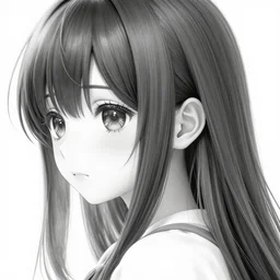 hyper detailed black and white realistic close shot from the side of manga cute young adult girl with long black hair wearing school uniform sitting in a chair with worried expression by yoji shinkawa, shikinami asuka langley, johfra bosschart