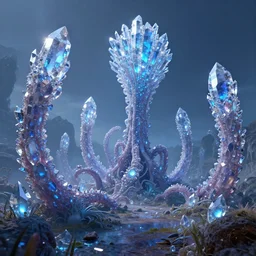 a alien landscape with tentacles made of crystal gems, bioluminiscense, fantasy art, digital art