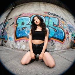 a fish eye photo of a kneeling urban woman with graffiti in the background, camera from the floor