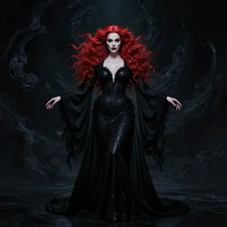 style of rafael albuquerque, artgerm, conrad roset : : gorgeous mary elizabeth winstead : : evil sorceress, swirling black magic, black dress : : symmetrical face, symmetrical eyes : : full body pose : : gorgeous red hair : : cinematic lighting : :