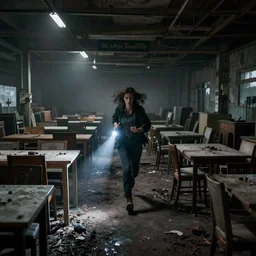 woman holding a flashlight running through the interior of an abandoned furniture store, rows of tables and chairs, cinematic lighting, night, terrifying, scp 3008, landscape, fog, artstation