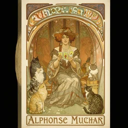 poster of Gypsy lady doing tarot card reading inside a gypsy caravan surrounded by cats, art nouveau, 1878, Alphonse Mucha, decorative panels, old paper, soft colors