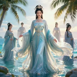 charming fashion elegant taiwan goddness of water, flowing hanfu, tropical sea, character design, in the style of artgerm, wlop, loish, ilya kuvshinov, ncsofy, chanel jewelry, cinematic lighting, hyperdetailed, 8 k realistic, symmetrical, frostbite 3 engine, cryengine, dof, trending on artstation, digital art, crepuscular ray