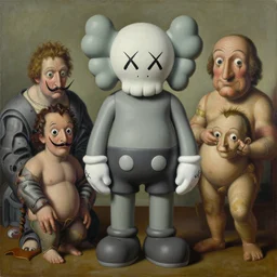 deformed kaws figure by james jean and salvador dali and shusei nagaoka, oil on canvas, surrealism, neoclassicism, renaissance, hyper realistic, ultra detailed, cell shaded, 8 k