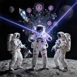 astronauts summoning lucifer on the moon, technology, circuitry, magic, sigils, led lights, crystalline shimmers, laser beams, hatred, airbrush painting, royo,