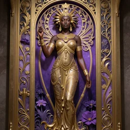 : Singlular stunning Art Nouveau african goddess standing in a portal doorway with a purple mystical garden behind her in the by Elisabeth Sonrel, intricate, beautiful, artstation 8k, high resolution