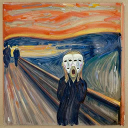 tempera, on cardboard, by edvard munch in the style of the scream, scared figure, wearing ffp!!! 2 masks, painting 1 8 9 3