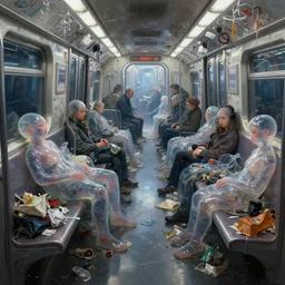 cyberpunk detail painting of subway car full of garbage with sleeping translucent creatures, deep displacement, back light, reflections, raytracing, raymarching, subsurface scattering, digital art, painted by anna nikonova