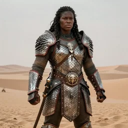 a large barbarian woman wearing scale mail, heavy looking, powerful, imposing presence, by greg rutkowski and larry elmore, highly detailed, hyperrealistic, dark skin, desert lands, sharp focus, soft lighting, centered, volumetric lighting, reflections
