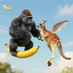 gorilla and kangaroo fight, they are flying on a banana over the sky, high quality, highly detailed, 3 d octane render,