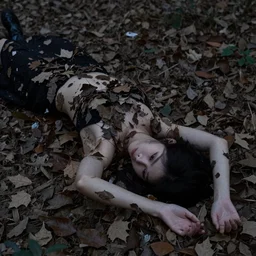 young woman on the ground in a forest, her body is covered by dark leaves