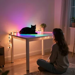 table from ikea lack with led lighting inside. a black cat lies on an ikea lack table. multi - colored leds, garland. beautiful girl with long hair sits on the floor