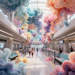 an insanely intricate photo of a metro station full of insane detailed colorfull smoke fluid, clean architecture, pastel colored, intricate detailed 3 d render, hyper realistic intricate acrilic fluid art, intense colors, wide shot, octane render, concept art, daylight, peaceful, 8 k