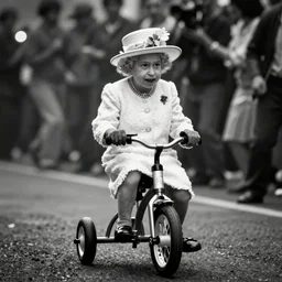 queen elizabeth riding a tiny tricycle through a street riot, bokeh, high contrast, low angle