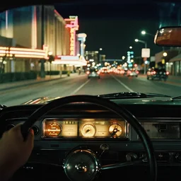 first - person perspective in the interior of a vintage car looking over the elaborate dash with glowing radio dial, looking through the car window at a city street hotels with lit windows and neon animated casino signs, automobiles in 1 9 7 0's las vegas at night,!! color photo!!, vintage film artifact