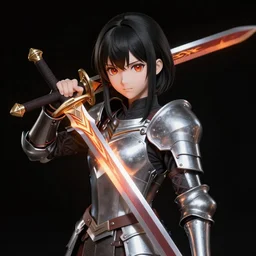 Portrait of Anime girl with black hair, she is carrying a burning sword, wearing metal armor around her chest and waist, realistic, detailed, 4k by Greg Rutkowski Mark Arian trending on artstation