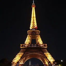 night photo of the eiffel tower illuminated by the spanish flag, red yellow red colors projected on the eiffel tower