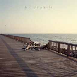 a boardwalk shatters into the ocean, soft lighting, film, nostalgia, boards of canada album cover