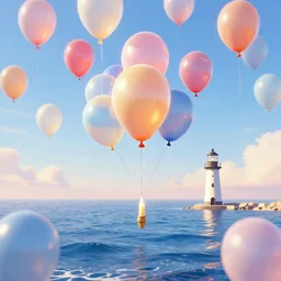a lot of floating birthday balloons. beautiful sea with a lighthouse that looks like a candle. digital art, highly - detailed, artstation cgsociety masterpiece