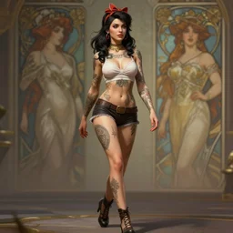 tattooed attractive pinup girl walking, deep focus, turnaround, highly detailed, digital painting, artstation, concept art, matte, sharp focus, illustration, hearthstone, art by artgerm and greg rutkowski and alphonse mucha.