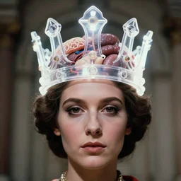 realistic dramatic close crop portrait of a blurred face of a queen, transparent neon plastic crown that holds human organs inside, emitting aura, 1 9 6 0, life magazine photo, natural colors, metropolitan museum, kodak, 8 k, very detailed, high resolution, product photo,