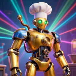 portrait photo of a giant golden and blue metal steampunk kitchen robot cook chef with pots and pans and tubes, wearing a big chef hat, eyes are green lights, shiny crisp finish, 3 d render, 8 k, insaneley detailed, fluorescent colors, background is multicolored lasershow