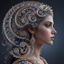 Power, Maya Ali sorceress, side profile portrait, sweat drops, fibonacci, fractals, insane, prismatic, intricate, highly detailed, digital painting, artstation, concept art, smooth, sharp focus, illustration, Unreal Engine 5, 8K, art by artgerm and greg rutkowski and alphonse mucha