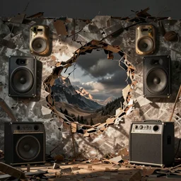 destroyed wall of speakers and amplifiers