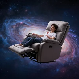 recliner chair floating in space, acupuncture treatment, a person receiving acupuncture, galactic background, dreamy, dramatic lighting, universe scale