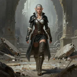full body character portrait of a female elf lavellan with a realistically proportioned face from dragon age walking through a destroyed temple wearing assassins clothes, dragon age concept art, dragon age, illustration, digital painting, realistic lighting, photorealistic eyes, good value control, realistic shading, john singer sargent