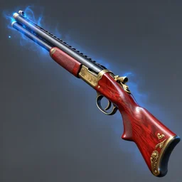 a magical shotgun made from glossy red - painted wood and elements of gold metalwork, antique, sawed - off, double - barreled, glowing with blue elertcicity, video game concept art