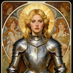 masterpiece head-on symmetrical centered painted portrait, Imogen Poots as a paladin, blonde hair, holy light halo, glorious, wearing full metal armour, elegant, in the style of Ruan Jia and Artgerm and Edgar Maxence and Ross Tran and Alphonse Mucha and Ayami Kojima and Charlie Bowater and Karol Bak and Jean Delville, Art Nouveau, Pre-Raphaelite, Neo-Gothic, gothic, Art Nouveau, rich deep moody colors