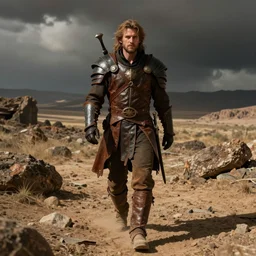 Brian Blessed,  as a barbrian in leather armor, in a wasteland, walking towards us, in Travis Charest style