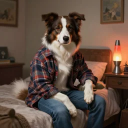 furry art of a anthropomorphic border collie fursona wearing a flannel shirt and jeans sitting in his bedroom, bed, desk, lava lamp, deep focus, highly detailed, digital painting, artstation, concept art, matte, sharp focus, illustration, art by artgerm and greg rutkowski and alphonse mucha