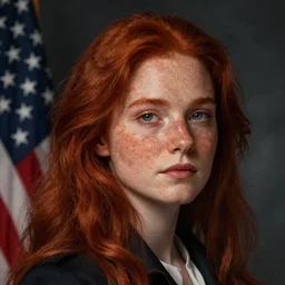 a detailed portrait of a pretty!! female with red hair and freckles who is president of the united states, 1 8 7 2, by ilya kuvshinov, digital art, dramatic lighting, dramatic angle, 1 9 th century