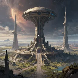 mysterious alien outpost on a distant planet in style of greg rutkowski and ian mcque, very detailed, atmospheric, vivid, masterpiece, wide angle