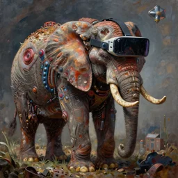 junky elephant, cybertronic gadgets and vr helmet, durty colours, rotten textures, rusty shapes, flesh + technology, biotechnology, norman rockwell, tim hildebrandt, dariusz zawadzki, bruce pennington, larry elmore, intricate details, hyperrealistic oil painting on canvas, deep depth field, cinematic composition, hyper - detailed