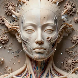 frontal face portrait of a woman, anatomical, flesh, glass shards, mandelbrot fractal, facial muscles, veins, arteries, symmetric, intricate, golden ratio, full frame, elegant, highly detailed, ornate, sculpture, elegant , luxury, beautifully lit, ray trace, octane render in the style of Peter Gric , Alex Grey and Romero Ressendi