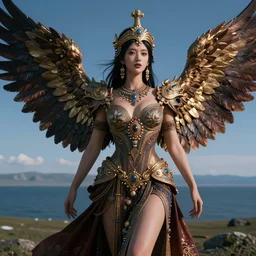 beautiful 3 d render of a mongolian queen goddess in a sensual pose, majestic ornate dress, spreading her wings, sexy face, atmospheric lighting, intricate, volumetric lighting, beautiful, rich deep colours masterpiece, sharp focus, ultra detailed, in the art style of bowater, charlie, brom, gerald, with lake baikal in the background, astrophotgraphy