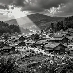 a black and white painting of rural 1800s japan