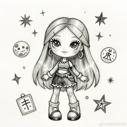 josephine wall watercolor pencil drawing of a monster high doll fullmoon, stars, sigils and doodles around her