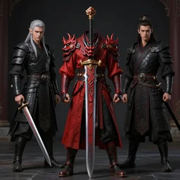 an ancient chinese dragon sword, elf, warrior, mage, male, red and black, photoreal