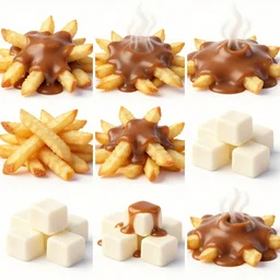 style grid, french fries pile, steaming, brown gravy, white cubic cheese curds between french fries, red and blue plates, food photography