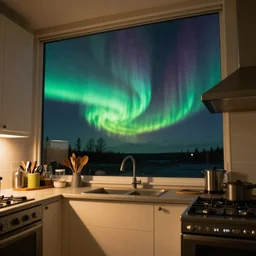 aurora borealis localized entirely within a kitchen