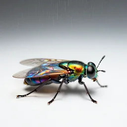 a close up of a colorful insect on a white background, a hologram by ryusei kishida, photographed with a 3 0 0 mm f 2 prime lens, background bokeh, raining, dslr, featured on flickr, holography, macro photography, irridescent, anaglyph filter