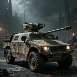 Humvee with a mounted M249 (1985), Dark Souls 3, a grim fantasy, Anor Londo, dramatic lighting, cinematic, establishing shot, extremely high detail, photorealistic, cinematic lighting, artstation, by simon stalenhag