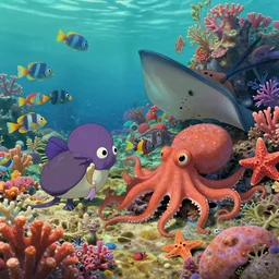 coral reef scene with fish, stingray, octopus, starfish characters, colourful design by studio ghibli, aardman and wes anderson, 3 d hyperrealistic detail
