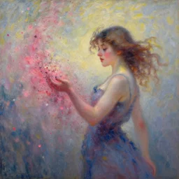 a woman disintegrating into small particles of love, behancehd, impressionism