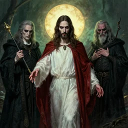 a wicked version of jesus christ as depicted in the satanic bible, sinful and petty by gerald brom and zadislaw beksinksi and giger