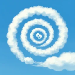 clean cel shaded vector art, spiral, curled blue sky fluffy curled clouds, spiral clouds, smoke shaped clouds, from lorax movie, by studio ghibli